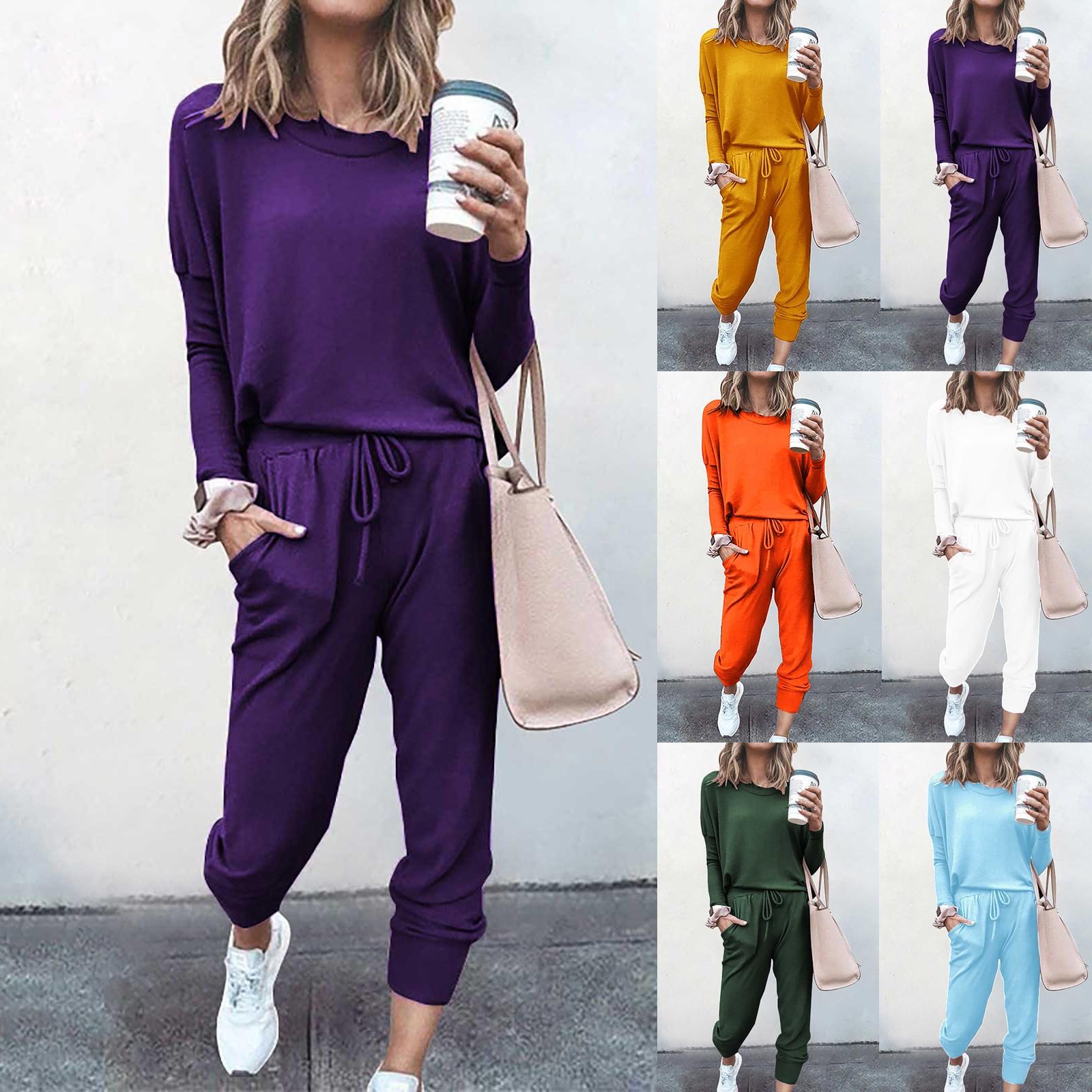 Женские комплекты из двух частей, однотонные повседневные верхние брюки, спортивный костюм с длинными рукавами 
Женские комплекты из двух частей, однотонные повседневные верхние брюки, спортивный костюм с длинными рукавами