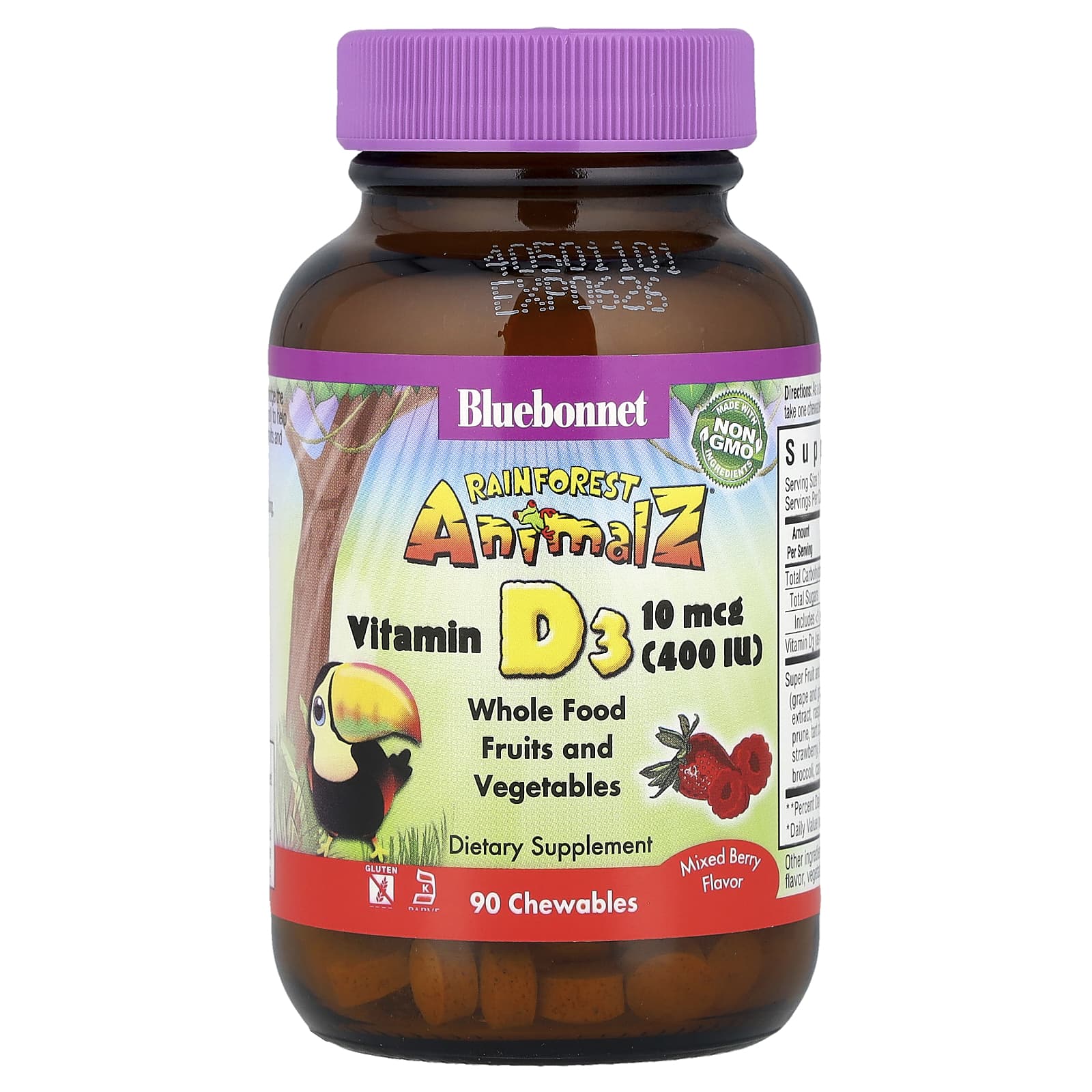 Rainforest Animalz, Vitamin D3, Natural Mixed Berry Flavor, 400 Iu, 90 Chewable Tablets
Rainforest Animalz, Vitamin D3, Natural Mixed Berry Flavor, 400 Iu, 90 Chewable Tablets