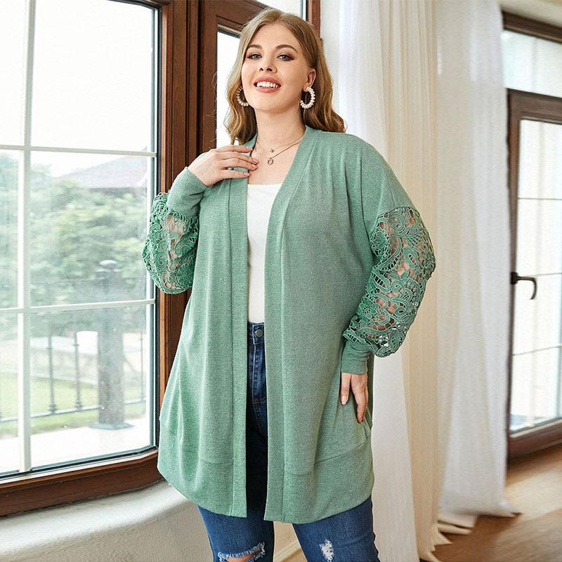 Женский вязаный кардиган с кружевными рукавами и открытой передней частью 
Женский вязаный кардиган с кружевными рукавами и открытой передней частью