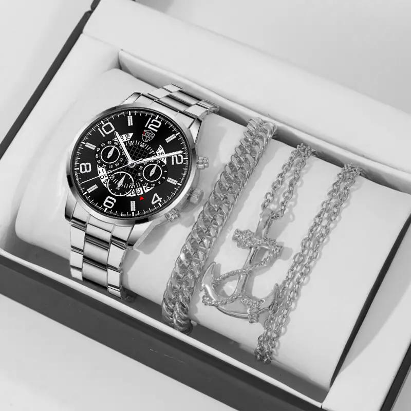 3 шт./комплект модные мужские спортивные часы с календарем и круглым циферблатом из нержавеющей стали кварцевые часы и мужской браслет и мужское ожерелье
3 шт./комплект модные мужские спортивные часы с календарем и круглым циферблатом из нержавеющей стали кварцевые часы и мужской браслет и мужское ожерелье