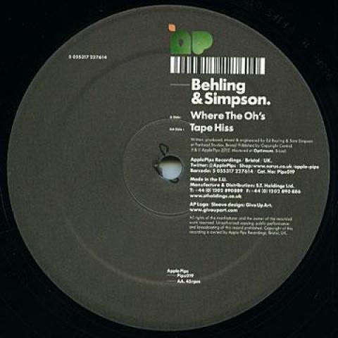 12inch Record BEHLING, SIMPSON - Where The Oh s / Tape Hiss PIPS019 Apple Pips 2012 UK Dance & Electronica
12inch Record BEHLING, SIMPSON - Where The Oh s / Tape Hiss PIPS019 Apple Pips 2012 UK Dance & Electronica