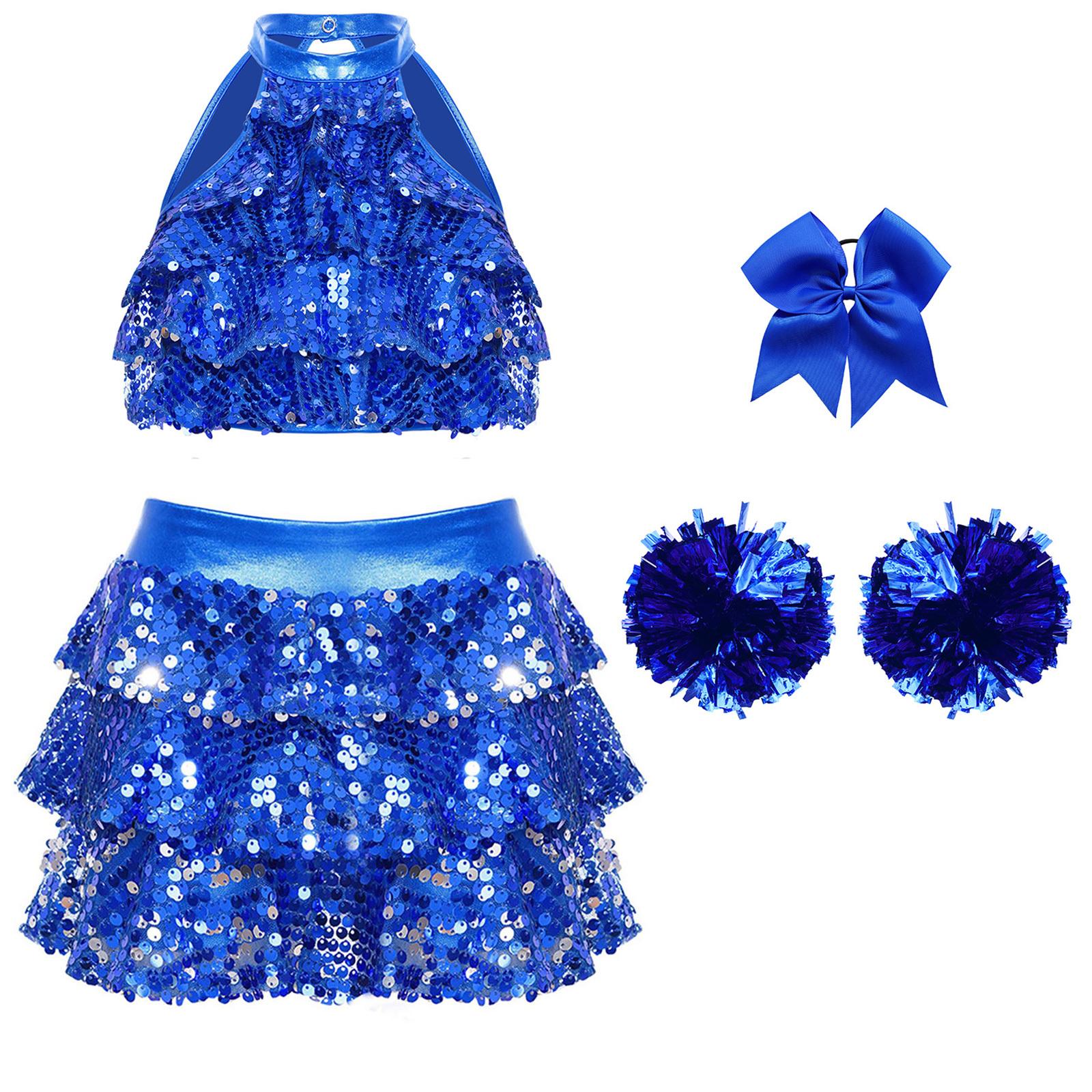 Girls Shiny Sequins Cheerleading Crop Top Ruffled Culottes Bowknot Headwear Flower Balls Set 3-4 Years королівський синій колір
Girls Shiny Sequins Cheerleading Crop Top Ruffled Culottes Bowknot Headwear Flower Balls Set 3-4 Years королівський синій колір
