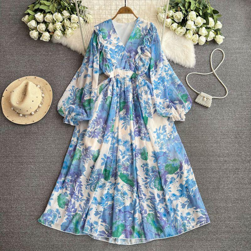 Vacation Style Deep V-neck Lantern Sleeve Pleated Puffy Long Skirt Early Spring Gentle Tea Break French Oil Painting Dress Blue One size
Vacation Style Deep V-neck Lantern Sleeve Pleated Puffy Long Skirt Early Spring Gentle Tea Break French Oil Painting Dress Blue One size