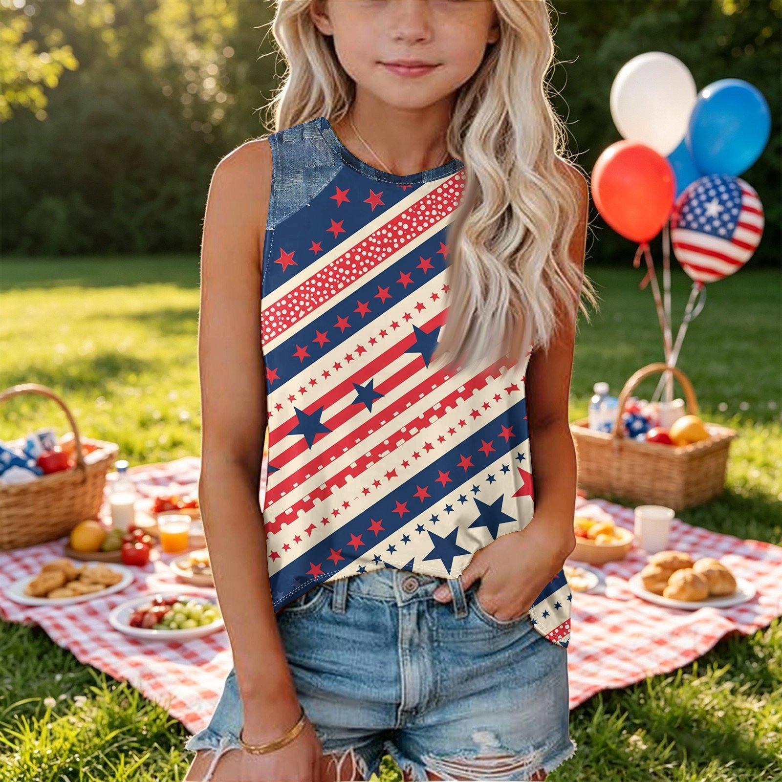 Sleeveless Loose Fit Tank Top for Girls Independence Day Denim Print Round Neck Tee Shirt 150
Sleeveless Loose Fit Tank Top for Girls Independence Day Denim Print Round Neck Tee Shirt 150