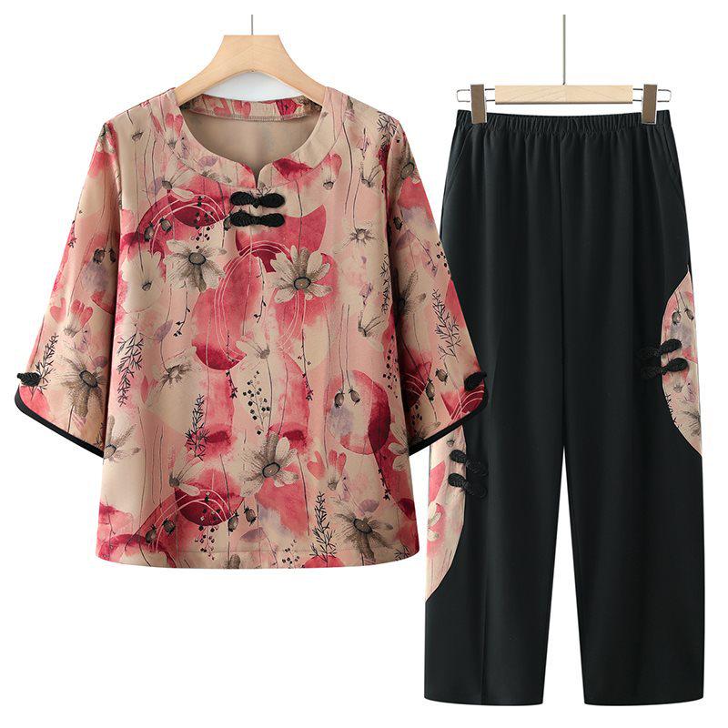 Summer Chinese-Style Two-Piece Set for Middle-Aged Women: Round Neck Three-Quarter Sleeve Shirt 4XL (130-145 jin)
Summer Chinese-Style Two-Piece Set for Middle-Aged Women: Round Neck Three-Quarter Sleeve Shirt 4XL (130-145 jin)