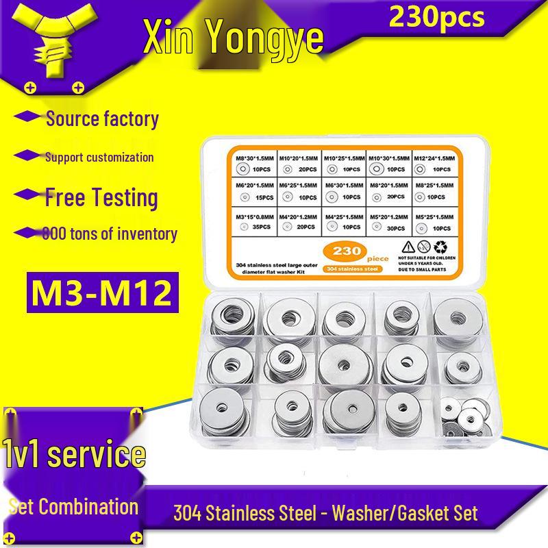 230-Piece Stainless Steel Washer Set (M3-M12), 15 Sizes
230-Piece Stainless Steel Washer Set (M3-M12), 15 Sizes