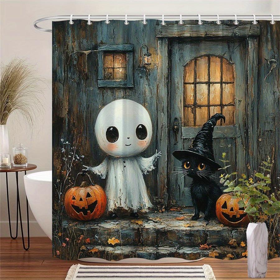 1 Halloween shower curtain - black cat with witch hat design, fall leaves and carved pumpkin, polyester fabric, machine washable 90X180cm
1 Halloween shower curtain - black cat with witch hat design, fall leaves and carved pumpkin, polyester fabric, machine washable 90X180cm