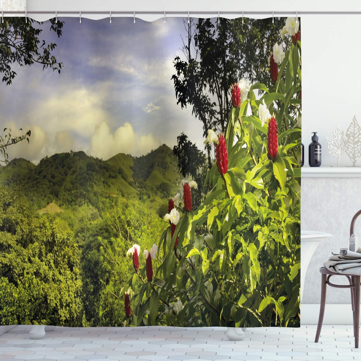 Tropical Mountain View Shower Curtain Nature Landscape Bathroom Decor Green Hills Red Flowers Jungle Scene Waterproof Bath W60H190(CM)-1 Pcs
Tropical Mountain View Shower Curtain Nature Landscape Bathroom Decor Green Hills Red Flowers Jungle Scene Waterproof Bath W60H190(CM)-1 Pcs