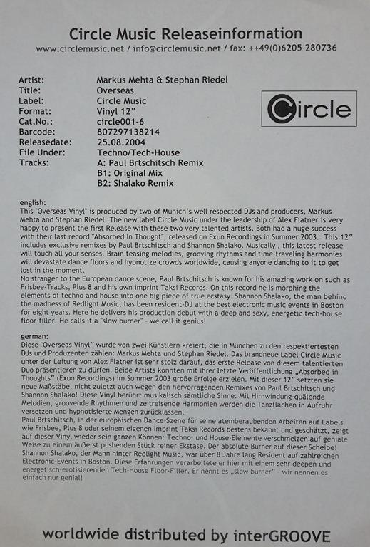 12-дюймовая пластинка MARKUS MEHTA & STEPHAN RIEDEL - Overseas CIRCLE0016 Circle Music 2004 Германия Танцевальная и Электронная Б/У
12-дюймовая пластинка MARKUS MEHTA & STEPHAN RIEDEL - Overseas CIRCLE0016 Circle Music 2004 Германия Танцевальная и Электронная Б/У