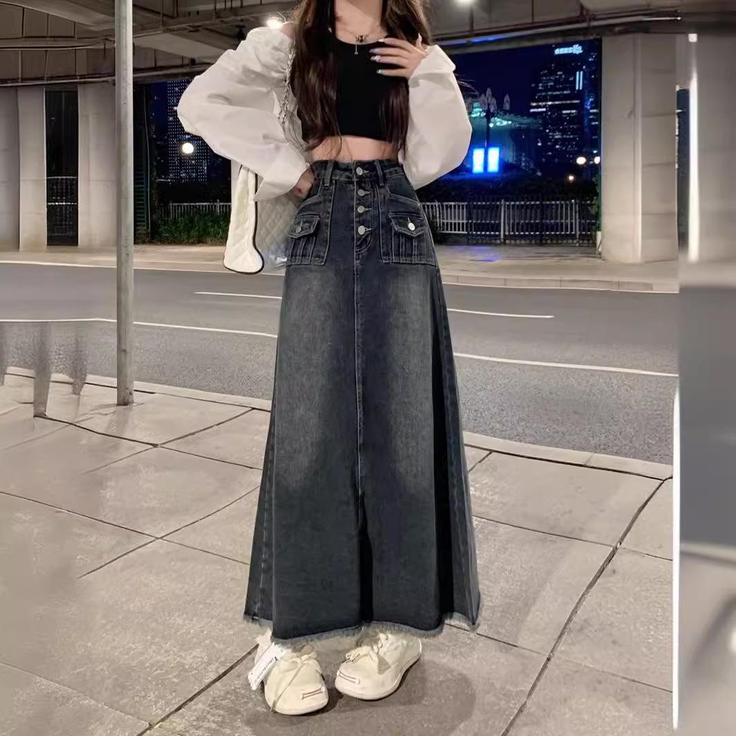 Blue High Waist Frayed Denim Midi Skirt - Hong Kong Style A-line Retro Design for Women M
Blue High Waist Frayed Denim Midi Skirt - Hong Kong Style A-line Retro Design for Women M