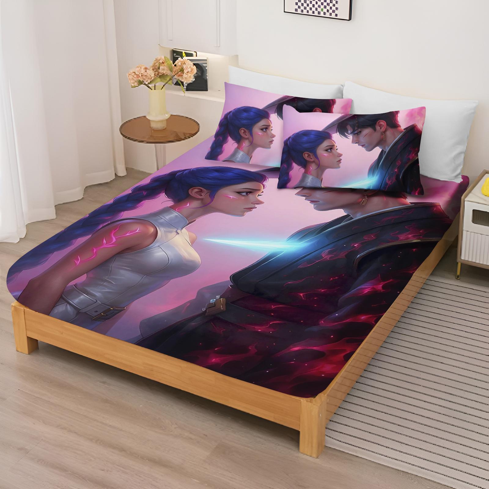 Простыня K-pop Demon Hunter Girl Group Комплект простыней и наволочек Покрытие Мультяшный чехол Эластичная Цифровая печать Постельное белье 90x190x25cm
