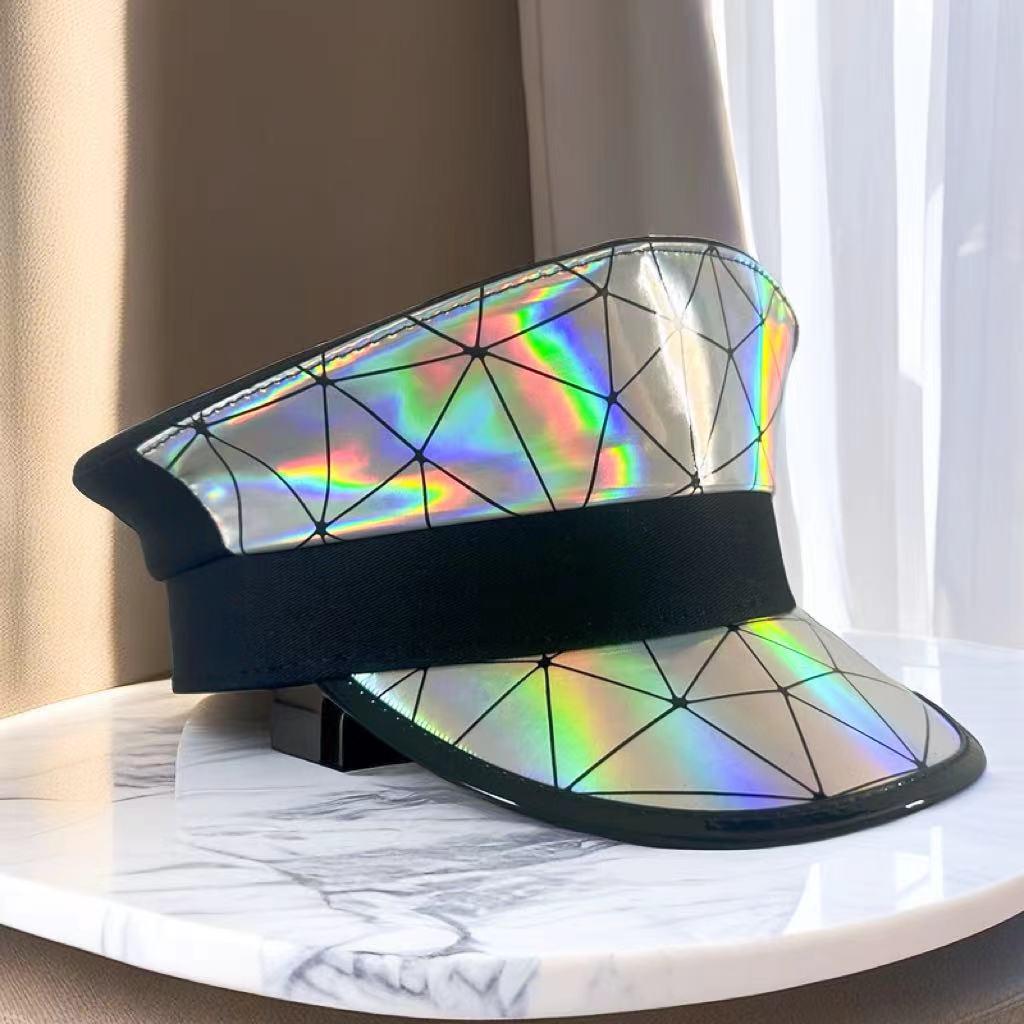 Блестящая клетчатая темно-синяя шляпа-цилиндр с плоским верхом - Европейская и американская вечеринка Зеркальная светящаяся хлопковая шляпа L (58-60cm)