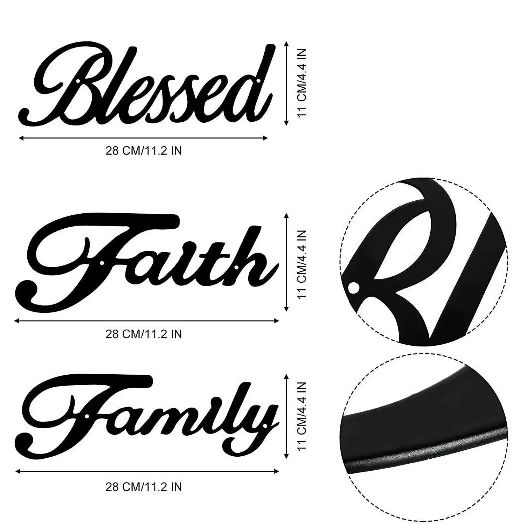 3 шт. Семейная Вера Благословенный Черный Металлический Знак Благословенный , Семья и Вера Словесные Знаки, Вдохновляющий Настенный Декор для Дома чёрный