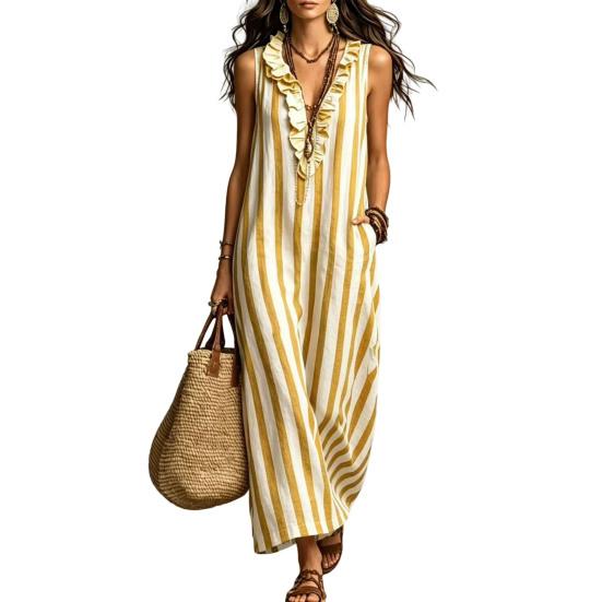 Women Striped Cotton Linen Maxi Dress Sleeveless Ruffle V Neck Long Dress Boho Beach Flowy Sundress with Pockets XXL жовтий
Women Striped Cotton Linen Maxi Dress Sleeveless Ruffle V Neck Long Dress Boho Beach Flowy Sundress with Pockets XXL жовтий