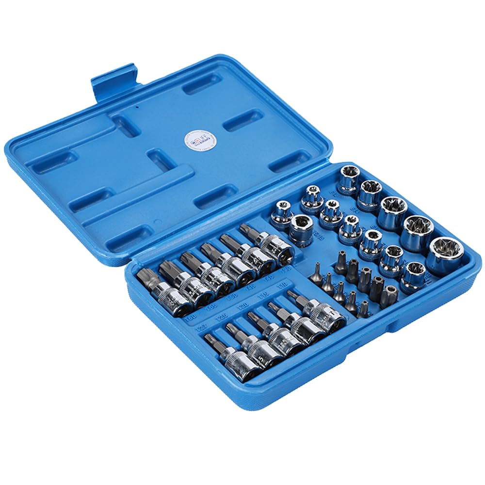 34-Piece Torx Bit Socket Set with Star, T-Shaped, E-Shaped, Star-Shaped, and Flower-Shaped Torx Screw Adapters and Storage Case
34-Piece Torx Bit Socket Set with Star, T-Shaped, E-Shaped, Star-Shaped, and Flower-Shaped Torx Screw Adapters and Storage Case