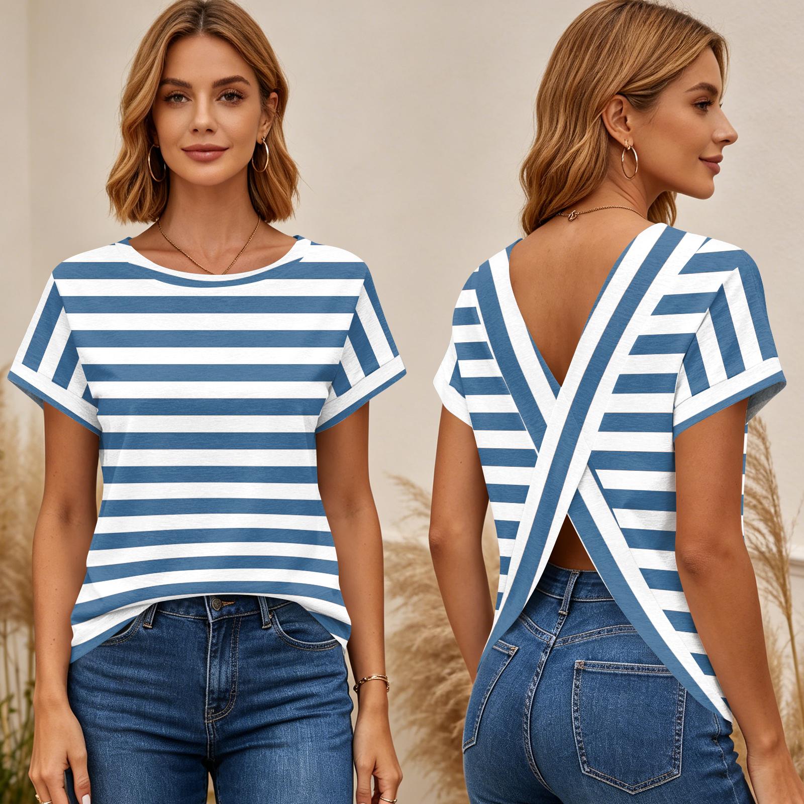 Women s Short Sleeve Striped Print Top Cross Back Open Back T-Shirt Casual Summer Blouse Lightweight Soft Fabric L синий
Women s Short Sleeve Striped Print Top Cross Back Open Back T-Shirt Casual Summer Blouse Lightweight Soft Fabric L синий