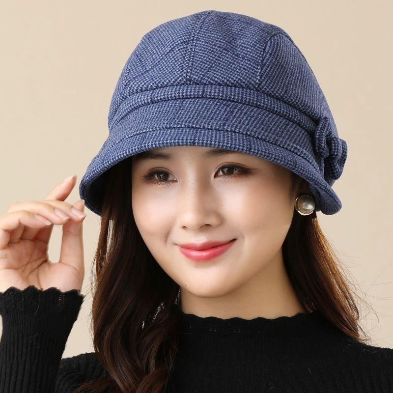 Осень и Зима Шляпы для Женщин Среднего и Пожилого Возраста Модные Изящные Клетчатые Шерстяные Теплые Шляпы-Ведра Большого Окружности Головы Шляпа-Ведро от Холода для Пожилой Леди ONE SIZE темно-синий