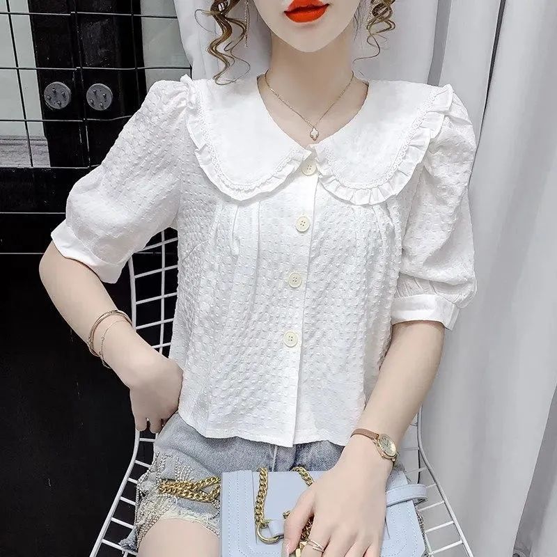Модная рубашка с кукольным воротником, уменьшающая возраст, для женщин, новый дизайн, свободная и универсальная XXXL белый
Модная рубашка с кукольным воротником, уменьшающая возраст, для женщин, новый дизайн, свободная и универсальная XXXL белый