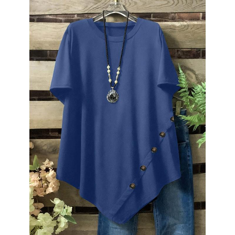 Plus Size Summer Women s Solid Color Round Neck with Button Decoration Irregular Hem Short Sleeved T-shirt 5XL синій
Plus Size Summer Women s Solid Color Round Neck with Button Decoration Irregular Hem Short Sleeved T-shirt 5XL синій