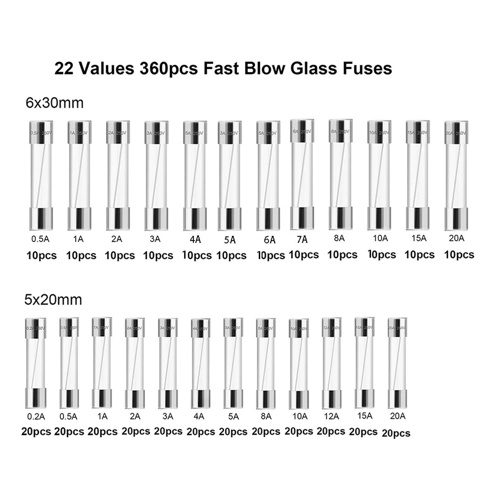 360Pcs Glass Fuse Tube 0.25A20A 24 Types 6x30mm 5x20mm Assortment Set Kit for Circuit Protection
360Pcs Glass Fuse Tube 0.25A20A 24 Types 6x30mm 5x20mm Assortment Set Kit for Circuit Protection