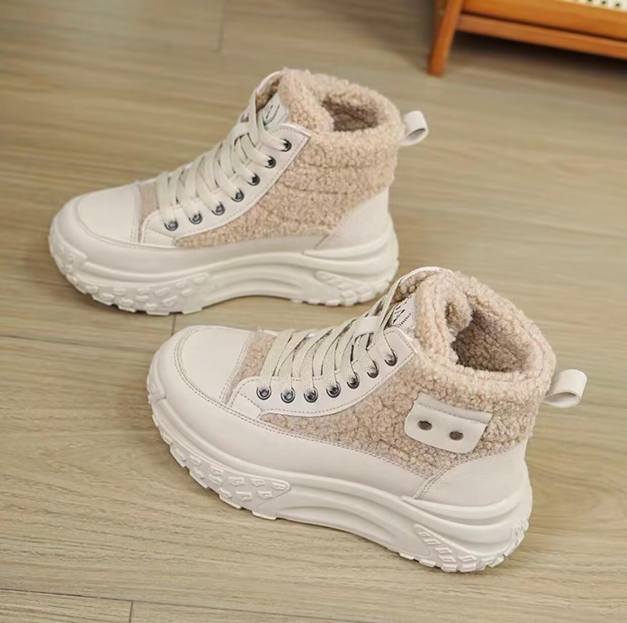 Роскошные зимние ботинки женские 2024 зимние новые бархатные утолщенные высокие спортивные хлопковые туфли на толстой подошве студенческие повседневные хлопковые туфли 40 бежевый