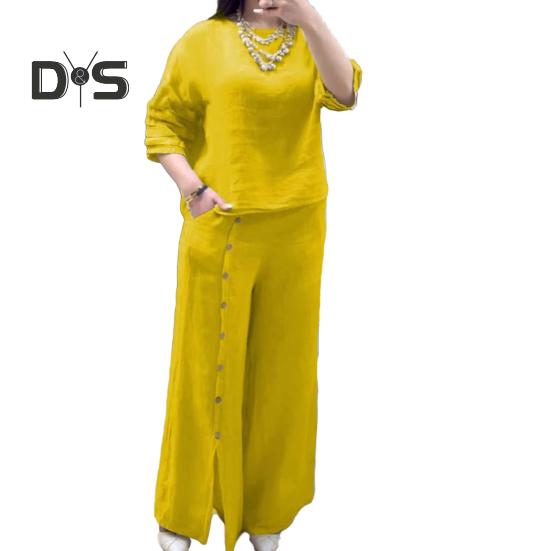 Женский свободный комплект из двух предметов из хлопка и льна, топ с короткими рукавами и широкие брюки с разрезом, летний повседневный комплект для отдыха S жёлтый
Женский свободный комплект из двух предметов из хлопка и льна, топ с короткими рукавами и широкие брюки с разрезом, летний повседневный комплект для отдыха S жёлтый