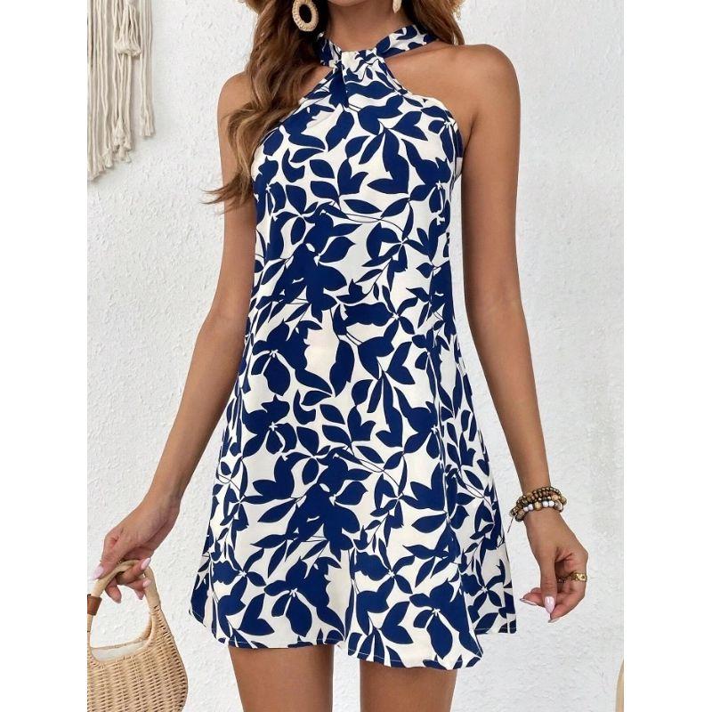 Модный стиль Модный Элегантный Горячая Распродажа Новая Женская Одежда Холтер с Принтом Контролирующее Талию Приталенное Платье Свободного Кроя Женская Мода Blue M