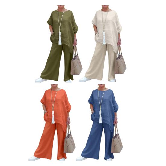 2 шт. / Комплект Летняя футболка с длинным рукавом с V-образным вырезом, высокая талия, широкие штанины, длинные брюки, карманы с неправильным подолом, однотонный офисный женский наряд 
2 шт. / Комплект Летняя футболка с длинным рукавом с V-образным вырезом, высокая талия, широкие штанины, длинные брюки, карманы с неправильным подолом, однотонный офисный женский наряд