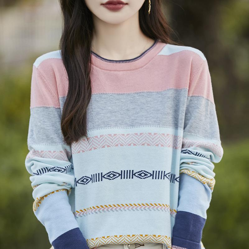 Pure Cotton Rainbow Jacquard Round Neck Sweater for Women In Autumn and Winter Fashion Versatile Base Shirt Sweat-absorbing Long-sleeved Top S
Pure Cotton Rainbow Jacquard Round Neck Sweater for Women In Autumn and Winter Fashion Versatile Base Shirt Sweat-absorbing Long-sleeved Top S
