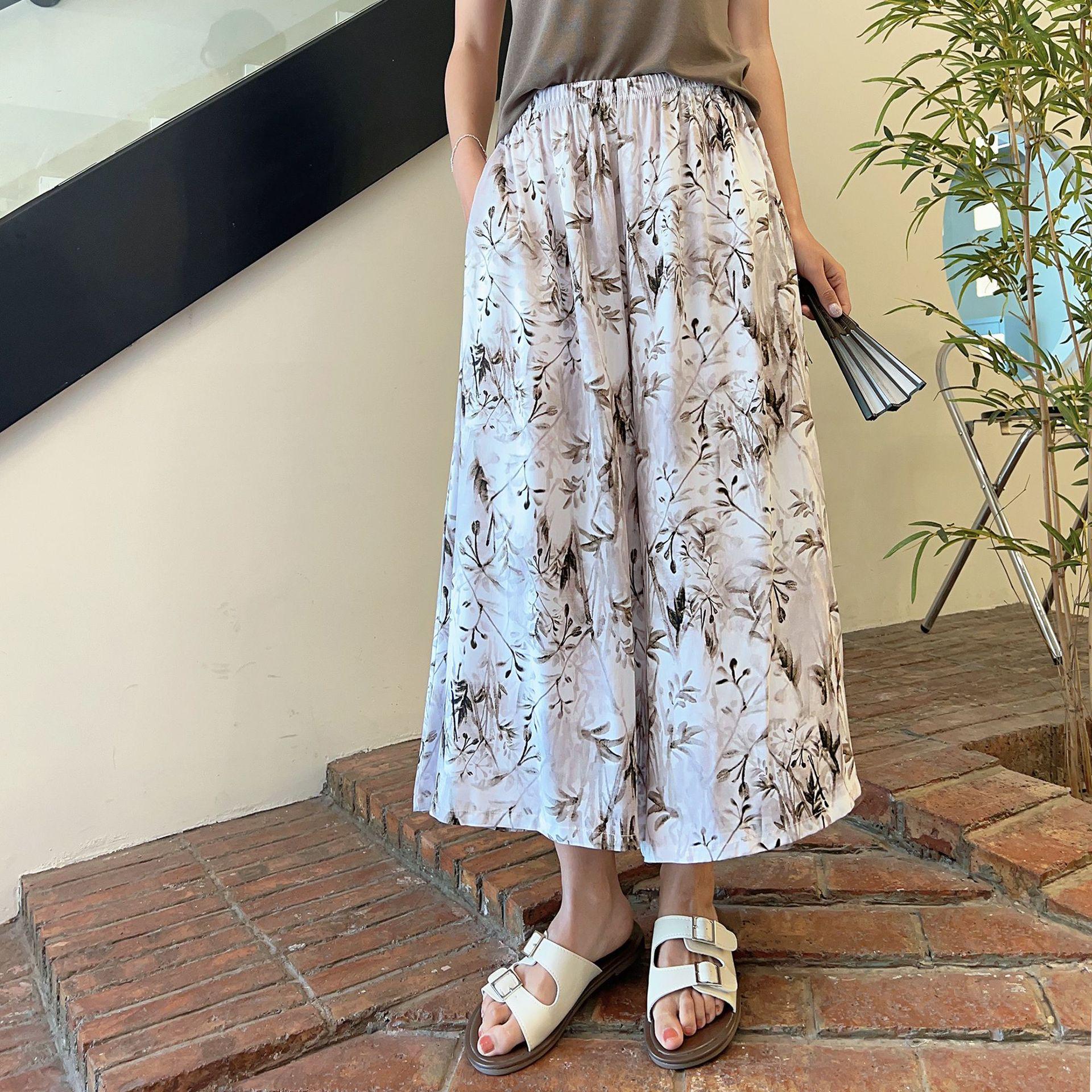 Ретро Цветочный Хлопковый Креп Широкие Капри - Дышащие, Универсальные, Большого размера Летние Кюлоты XXL