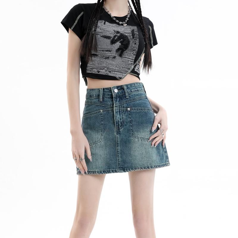 Классическая универсальная, износостойкая, прочная, с карманами и разрезами, юбка с высокой талией, винтажная, трапециевидная, с бретельками через шею, женская летняя модная джинсовая короткая юбка 2XL синий