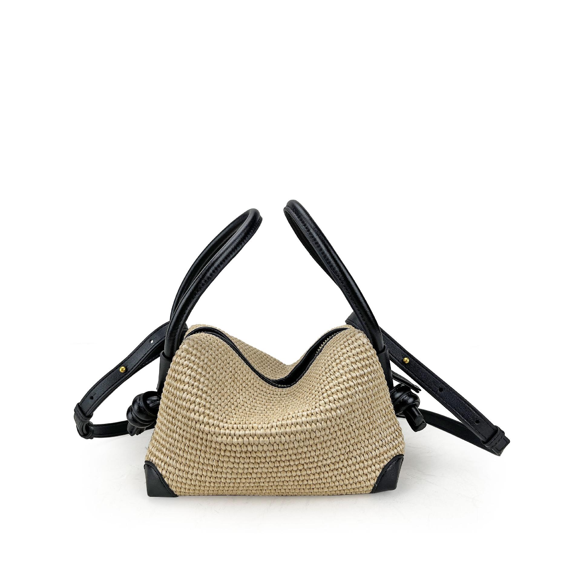 2025 Новая Уличная Трендовая Коровья Кожа в Сочетании с Травой Рафия Универсальная Ручная Наручная Кросс-Плечевая «Сумка-Камера» 21x14x11cm чёрный