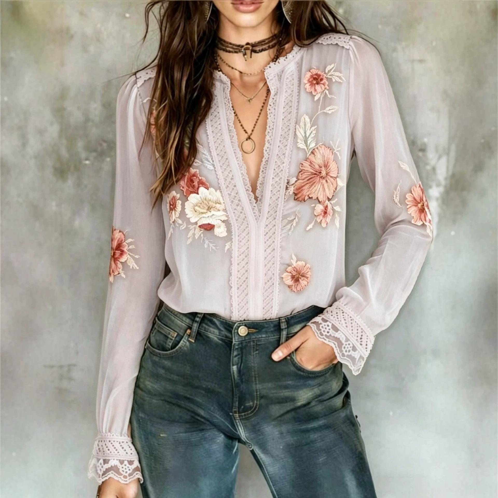 V Neck Long Sleeve Chiffon Blouse with Lace Trim and Floral Embroidery XXL світло-фіолетового кольору
V Neck Long Sleeve Chiffon Blouse with Lace Trim and Floral Embroidery XXL світло-фіолетового кольору