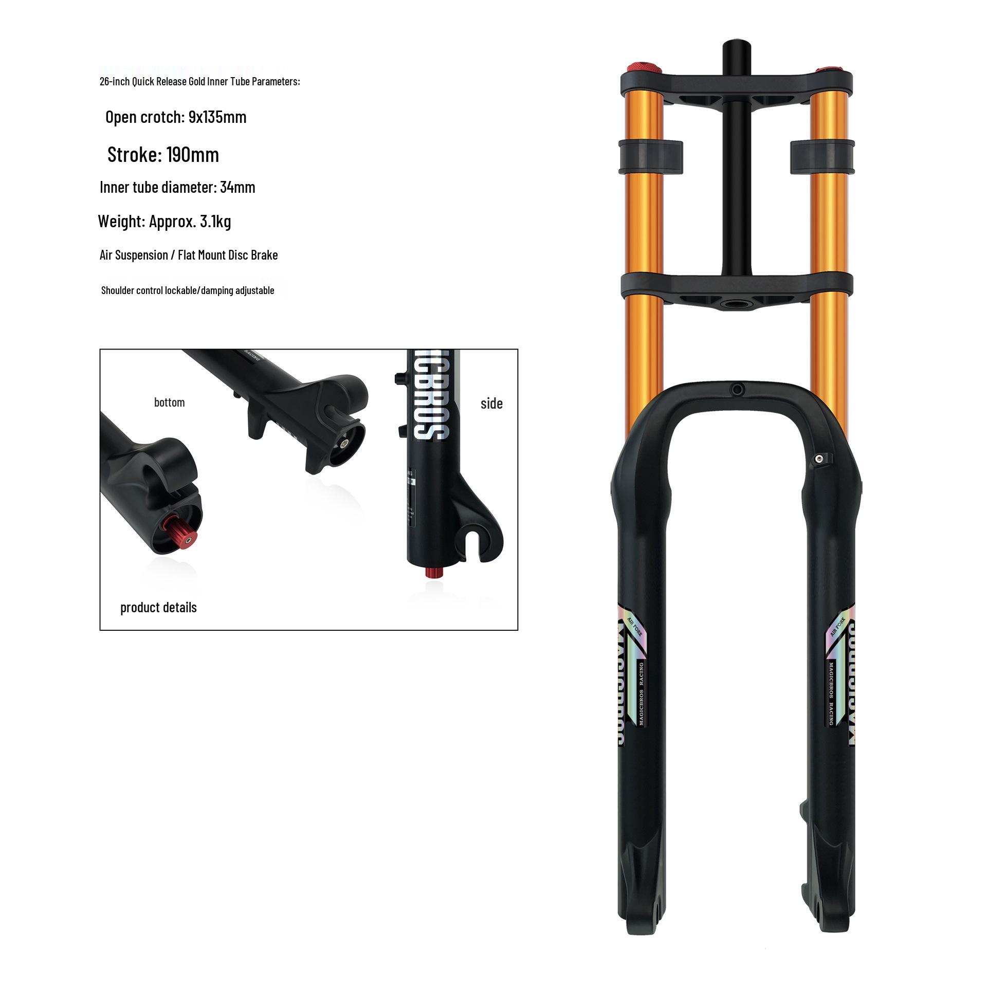 Fat Tire Bike Air Fork with Quick Release and Adjustable Front Shock Absorber
Fat Tire Bike Air Fork with Quick Release and Adjustable Front Shock Absorber