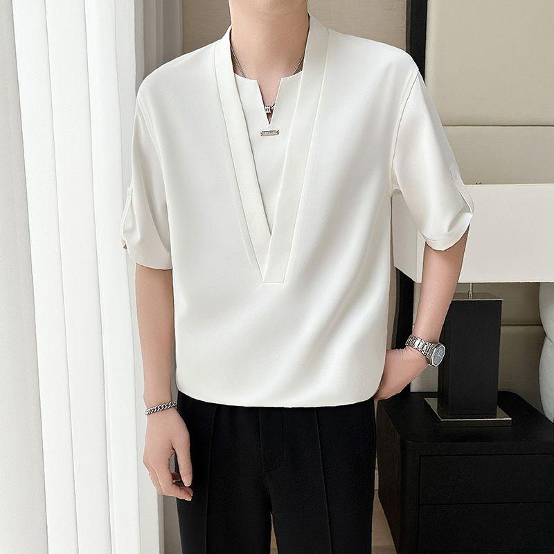 Модные рубашки с V-образным вырезом и вставками, мужская одежда, с коротким рукавом, на каждый день, летние, новые, повседневные, однотонные, корейские L белый
Модные рубашки с V-образным вырезом и вставками, мужская одежда, с коротким рукавом, на каждый день, летние, новые, повседневные, однотонные, корейские L белый