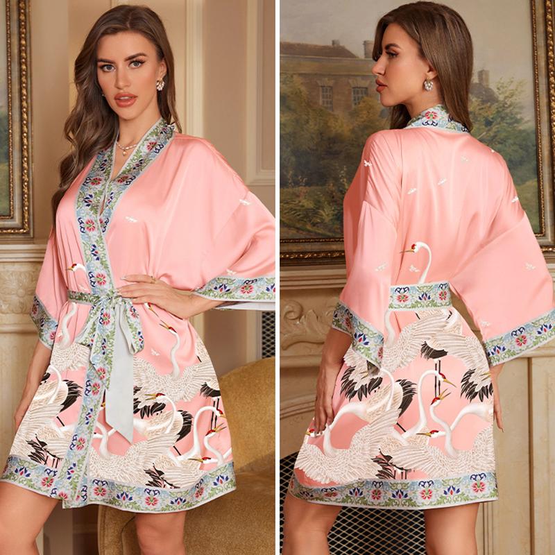 Пижама из шёлка с принтом «ледяной шелк», женская летняя прохладная короткая банная одежда, халат на шнуровке, домашняя одежда розовый