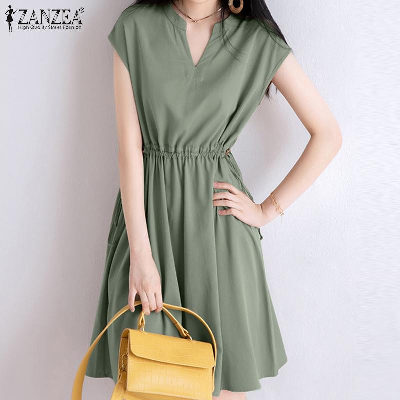 ZANZEA Летнее платье-туника без рукавов с V-образным вырезом