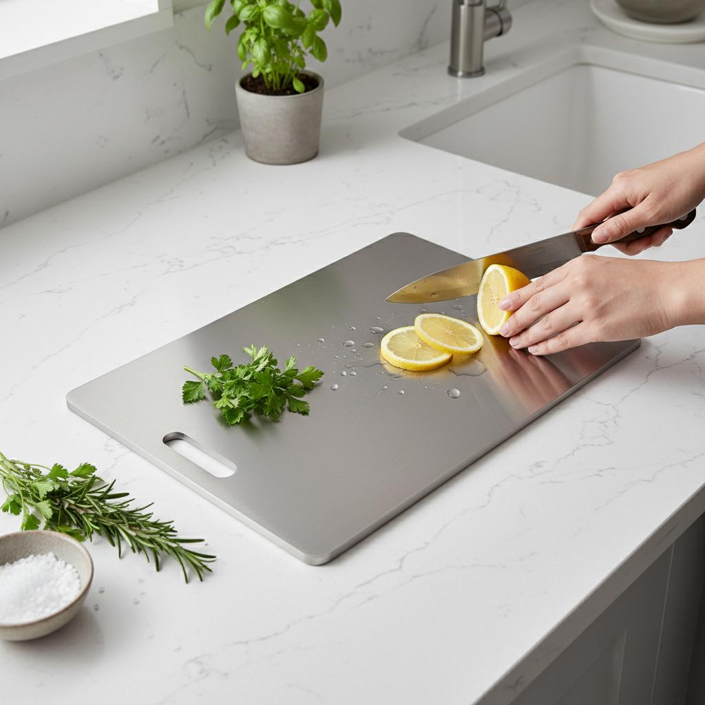 Double Sided Stainless Steel Cutting Board Round Design With Hanging Hole For Kitchen Use
Double Sided Stainless Steel Cutting Board Round Design With Hanging Hole For Kitchen Use