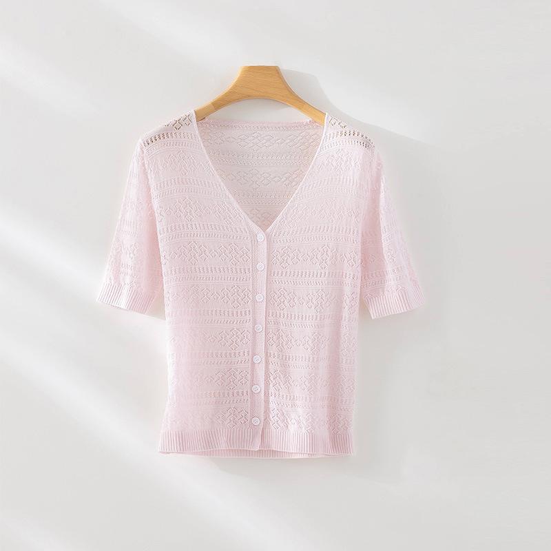 Tencel linen knitted short-sleeved cardigan summer thin crochet hollow collar temperament commuter casual top S розовый
Tencel linen knitted short-sleeved cardigan summer thin crochet hollow collar temperament commuter casual top S розовый