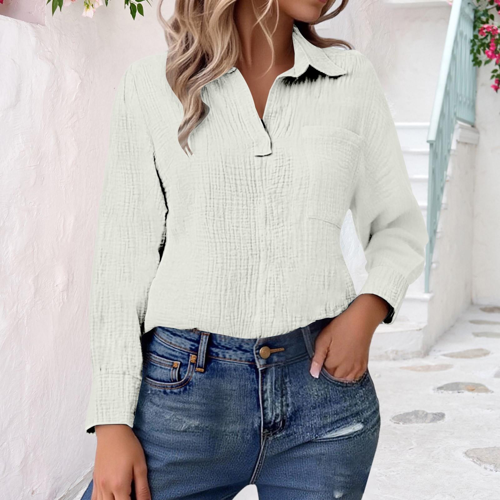 Женские рубашки с V-образным вырезом, с длинным рукавом, повседневные рубашки с воротником, свободные блузки, однотонные топы с карманом L белый
Женские рубашки с V-образным вырезом, с длинным рукавом, повседневные рубашки с воротником, свободные блузки, однотонные топы с карманом L белый