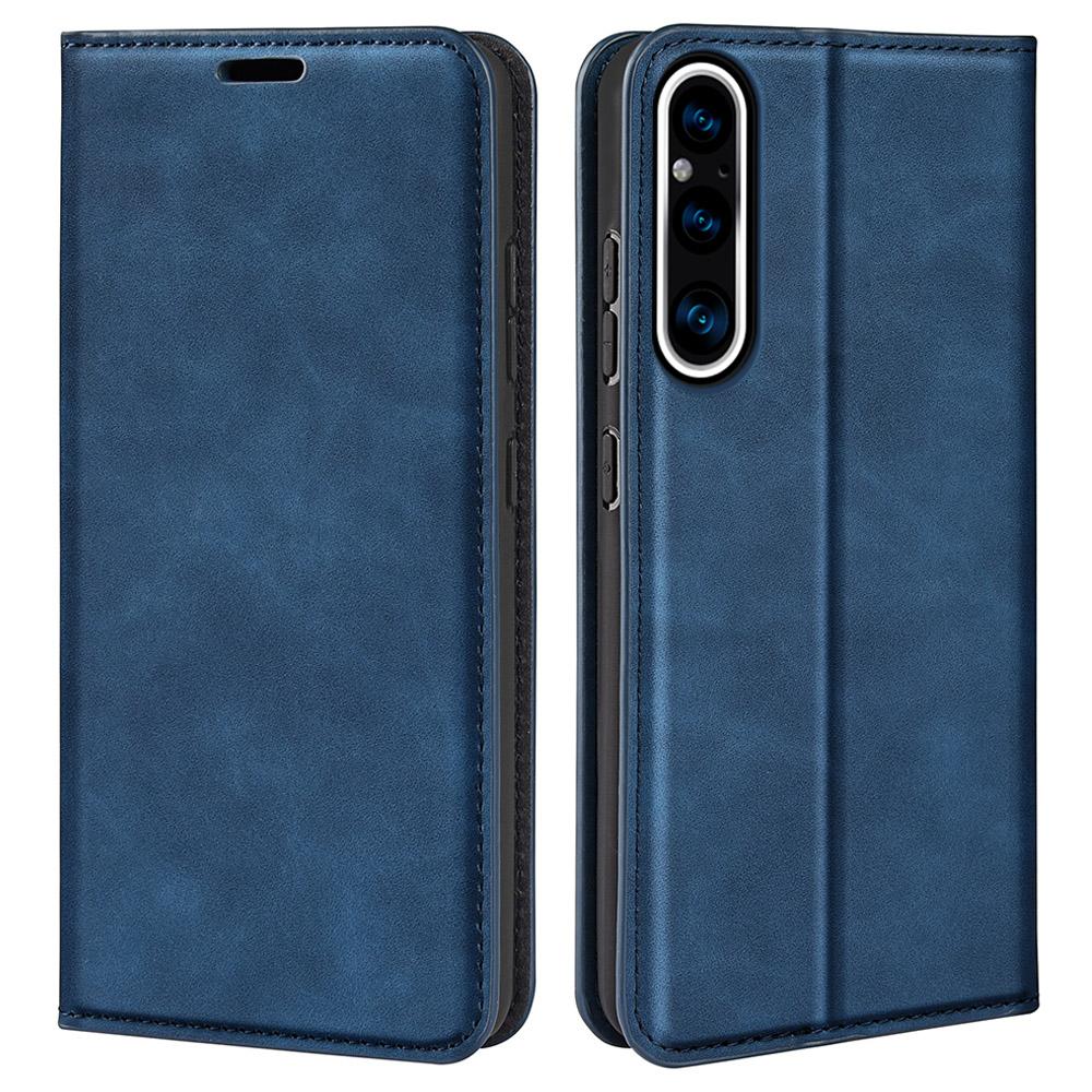 Для Sony Xperia 1 V Кожаный чехол для телефона с эффектом прикосновения к коже Подставка Кошелек Защитная крышка для телефона Blue