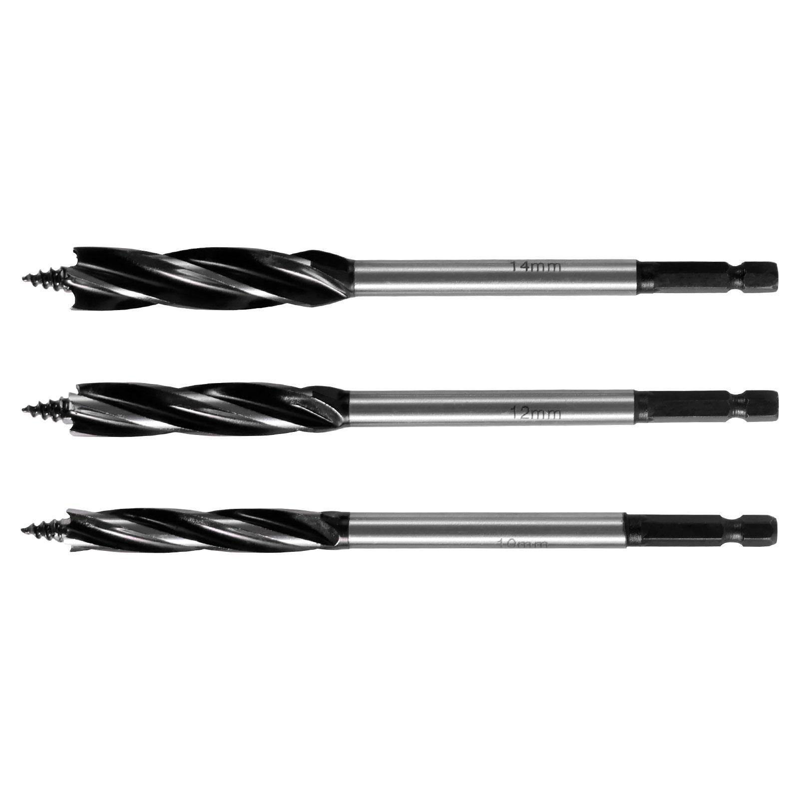 3Pcs Wood Auger Drill Bit Set High-Carbon Steel 4 Flute Cut Drilling Bit Kit 10-14mm Self-Tapping Hex Shank Wood Hole Drill Bit
3Pcs Wood Auger Drill Bit Set High-Carbon Steel 4 Flute Cut Drilling Bit Kit 10-14mm Self-Tapping Hex Shank Wood Hole Drill Bit