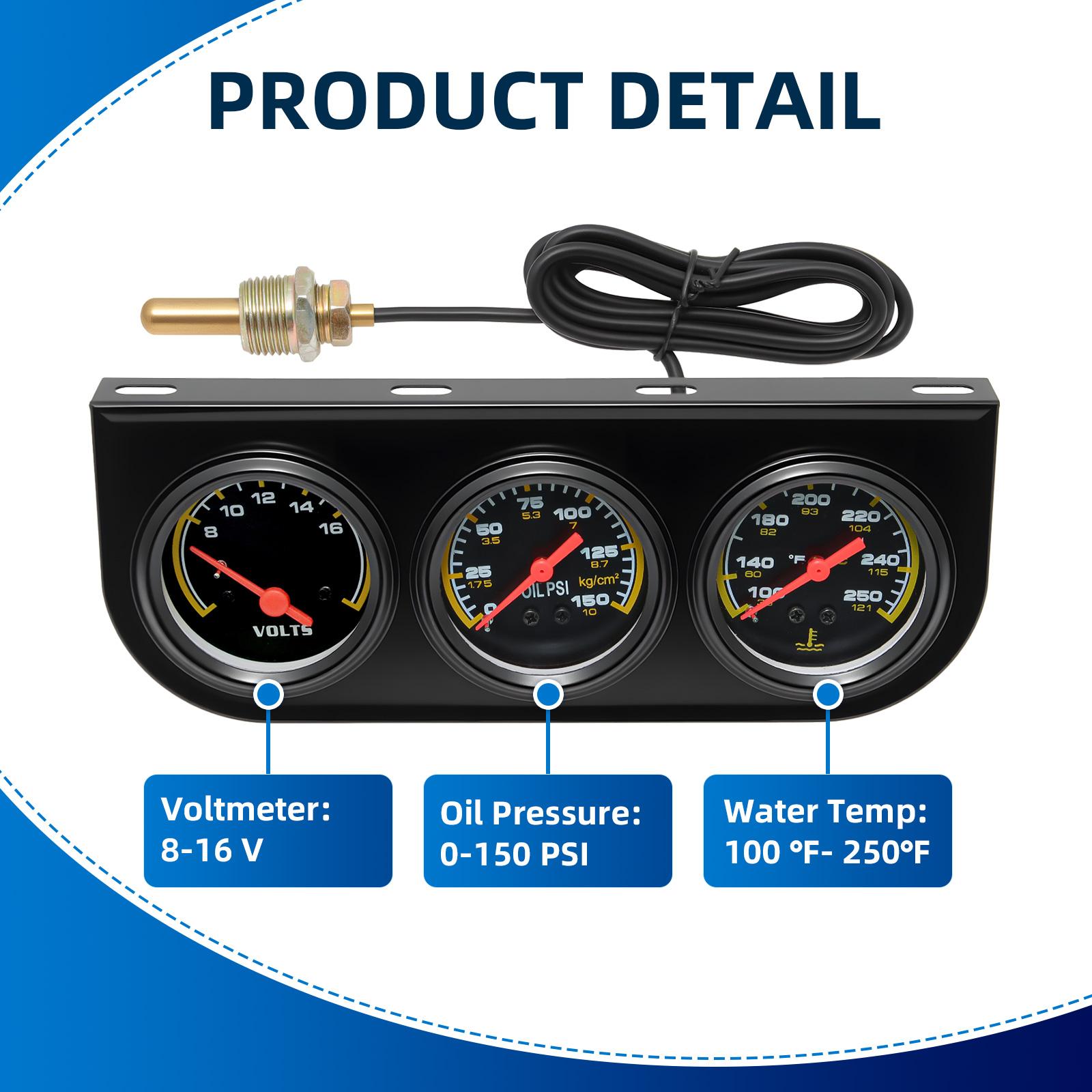 New 52mm 3in1 Tripple Gauge Set Oil Pressure 0-150PSI Water Temp 100℉- 250℉Voltmeter 8-16V Car Auto Truck 3 in 1 Gauge
New 52mm 3in1 Tripple Gauge Set Oil Pressure 0-150PSI Water Temp 100℉- 250℉Voltmeter 8-16V Car Auto Truck 3 in 1 Gauge