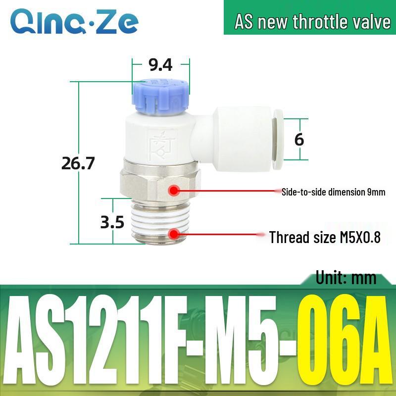 Throttle Speed Control Valve with AS1201F-M5-04A Pneumatic PU Air Hose Connector, Models AS2201F-01-2-06SA/08SA.
Throttle Speed Control Valve with AS1201F-M5-04A Pneumatic PU Air Hose Connector, Models AS2201F-01-2-06SA/08SA.