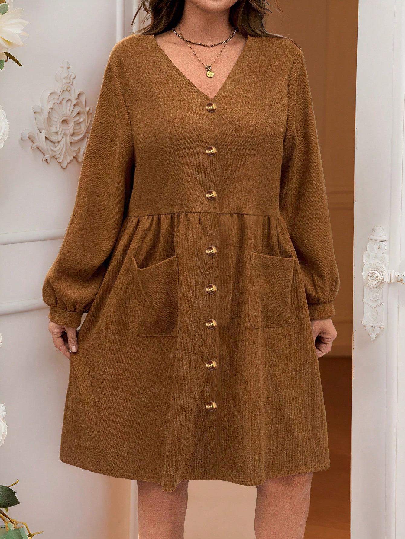 Retro Caramel V-Neck Corduroy Dress with Waist-Cinching Design and Large Pocket - Women s Autumn/Winter Fashion. XXXL
Retro Caramel V-Neck Corduroy Dress with Waist-Cinching Design and Large Pocket - Women s Autumn/Winter Fashion. XXXL