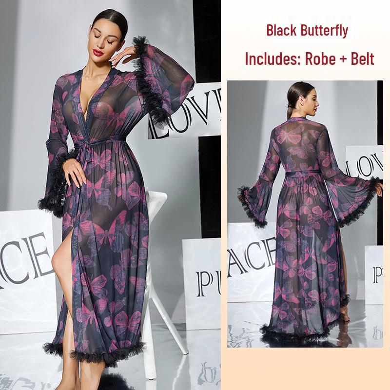 Purple-Black Floral Sheer Robe with Bell Sleeves, Feather Tassels, V-Neck, Tie-Up, Long Slit, Loungewear One size
Purple-Black Floral Sheer Robe with Bell Sleeves, Feather Tassels, V-Neck, Tie-Up, Long Slit, Loungewear One size