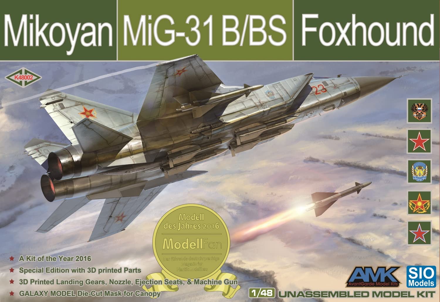 Модель ВВС СССР Foxhound Специальные выпуски Пластиковая модель AGMSIOK48002 Avant-Garde 1/48 МиГ-31Б/БС (Бренд Shio)
Модель ВВС СССР Foxhound Специальные выпуски Пластиковая модель AGMSIOK48002 Avant-Garde 1/48 МиГ-31Б/БС (Бренд Shio)