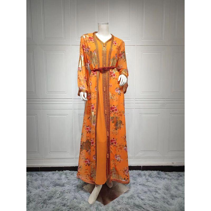 Ethnic Style Chiffon Printing Gilded Two-piece Set Belt Dress Chiffon Print Dress Set Orange color M
Ethnic Style Chiffon Printing Gilded Two-piece Set Belt Dress Chiffon Print Dress Set Orange color M