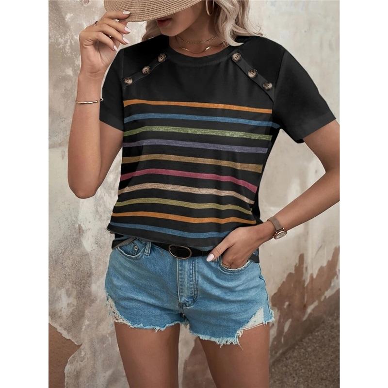 Women s Casual Striped Short Sleeve T-Shirt With Shoulder Buttons Lightweight Summer Top S чёрный
Women s Casual Striped Short Sleeve T-Shirt With Shoulder Buttons Lightweight Summer Top S чёрный