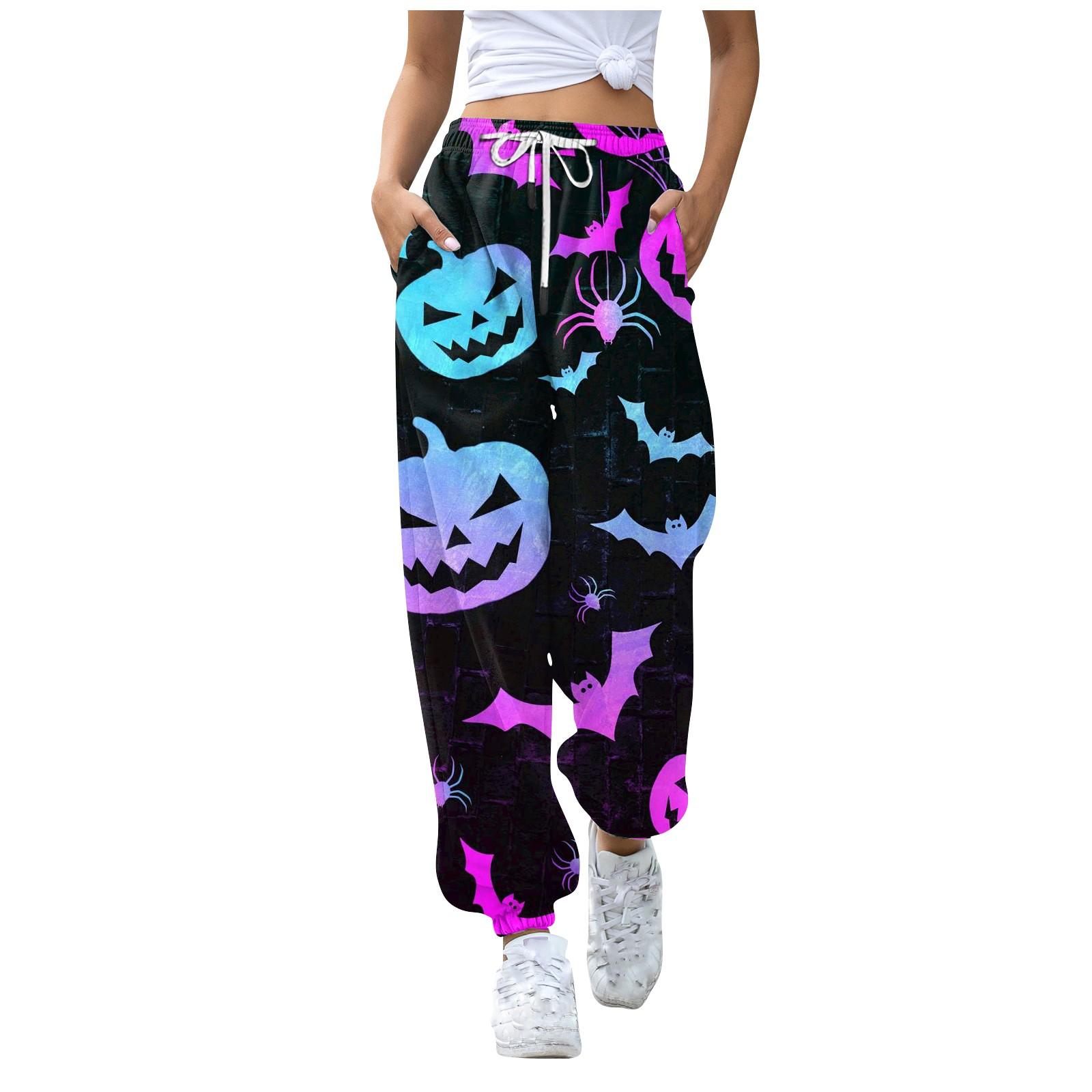 Женские повседневные модные брюки с эластичной резинкой на талии и принтом на Хэллоуин XL фиолетовый